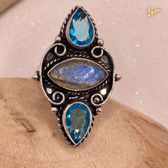 Blue Topaz & Labradorite Gemstone Handmade Shield Armor Ring - Picture 9 of 9